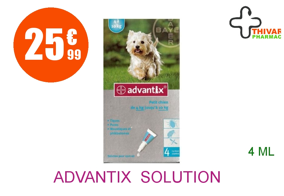 Achetez ADVANTIX  Solution Externe petit chien 4-10kg 4 Pipettes de 1ml