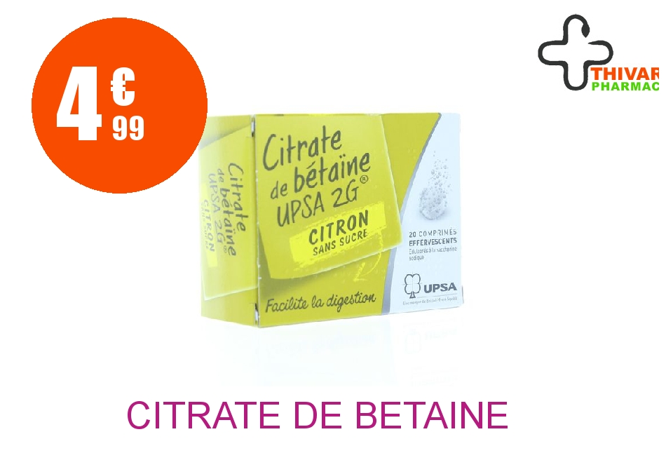 Achetez CITRATE DE BETAINE UPSA 2 g Comprimé Effervescent sans sucre citron 2 Tube de 10