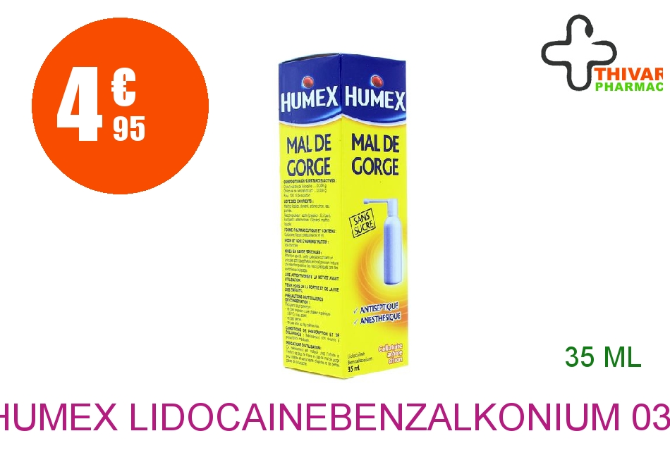 Achetez HUMEX lidocaïne/benzalkonium 0,30 g/0,03 g pour 100 ml Collutoire mal de gorge en Flacon pressurisé Flacon de 35ml